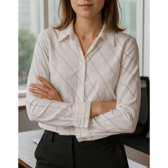 Anne Fontaine Paris Diagonal Pinstripe Button Blouse White Black Stripes Size 3 - Picture 1 of 11